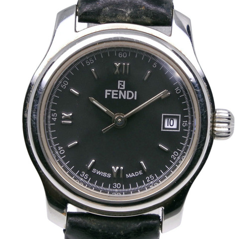 Fendi Olologi 女士腕錶，210L 不鏽鋼 x 皮革錶帶，石英模擬，黑色錶盤，女款。