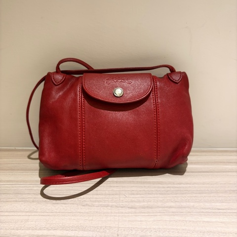 Longchamp Le Pliage Cuir 小羊皮斜背小方包 / 摺疊包系列 (紅色)肩背包 斜背包