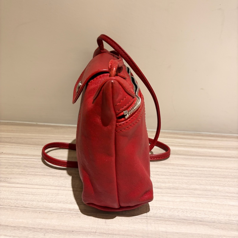 Longchamp Le Pliage Cuir 小羊皮斜背小方包 / 摺疊包系列 (紅色)肩背包 斜背包-1