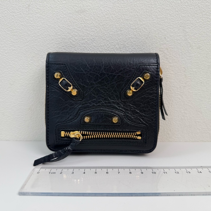 巴黎世家/Balenciaga 黑色羊皮鉚釘機車錢包 金色五金 附件：塵袋-1