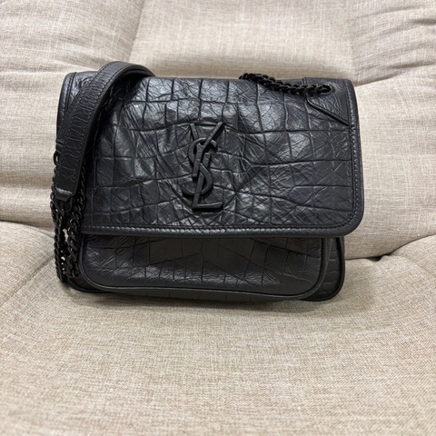 Saint Laurent Baby Niki 黑鱷魚壓紋 黑鏈條 有D扣
