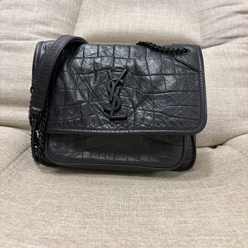 Saint Laurent Baby Niki 黑鱷魚壓紋 黑鏈條 有D扣-0