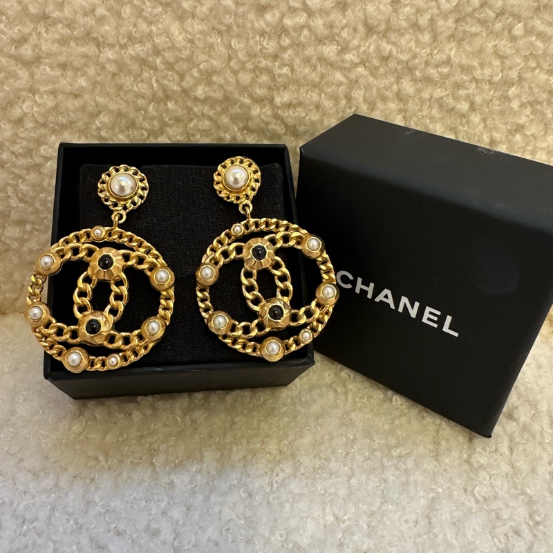 Chanel香奈兒復古黃銅雙C吊墜耳環，保存極佳，-2