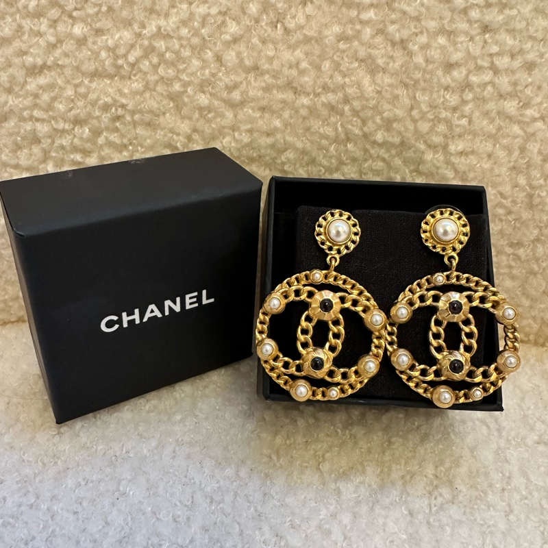 Chanel香奈兒復古黃銅雙C吊墜耳環，保存極佳，-8