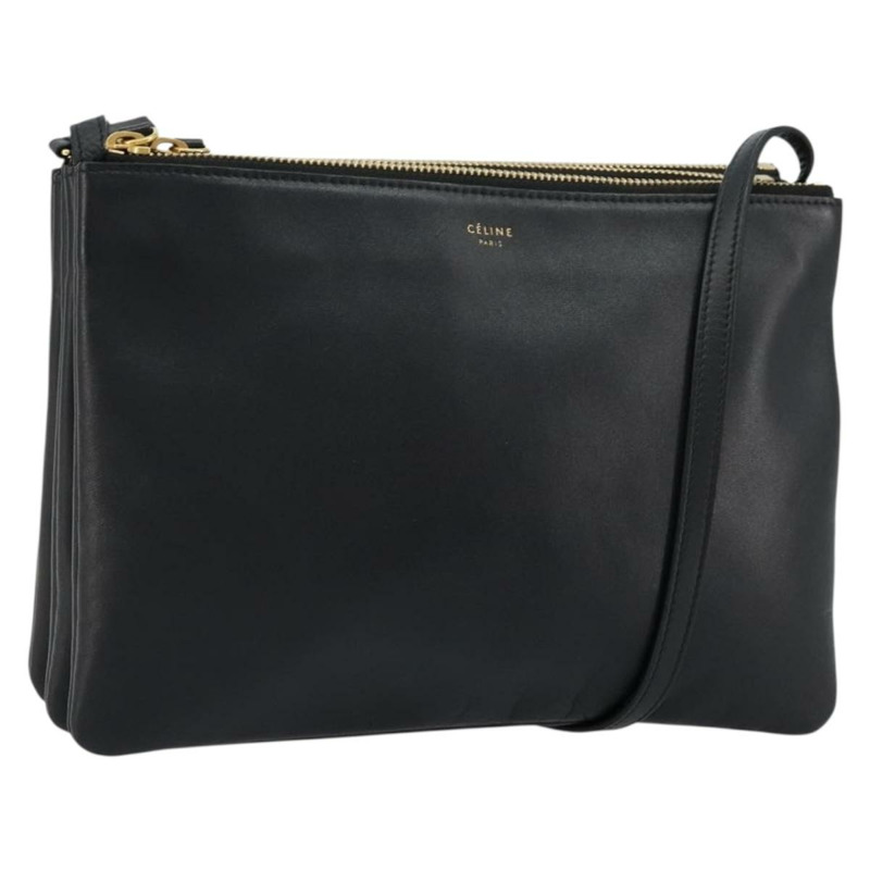 【日本直送】CELINE Trio 肩背包，黑色皮革，金色，正品，貨號 176915A-0