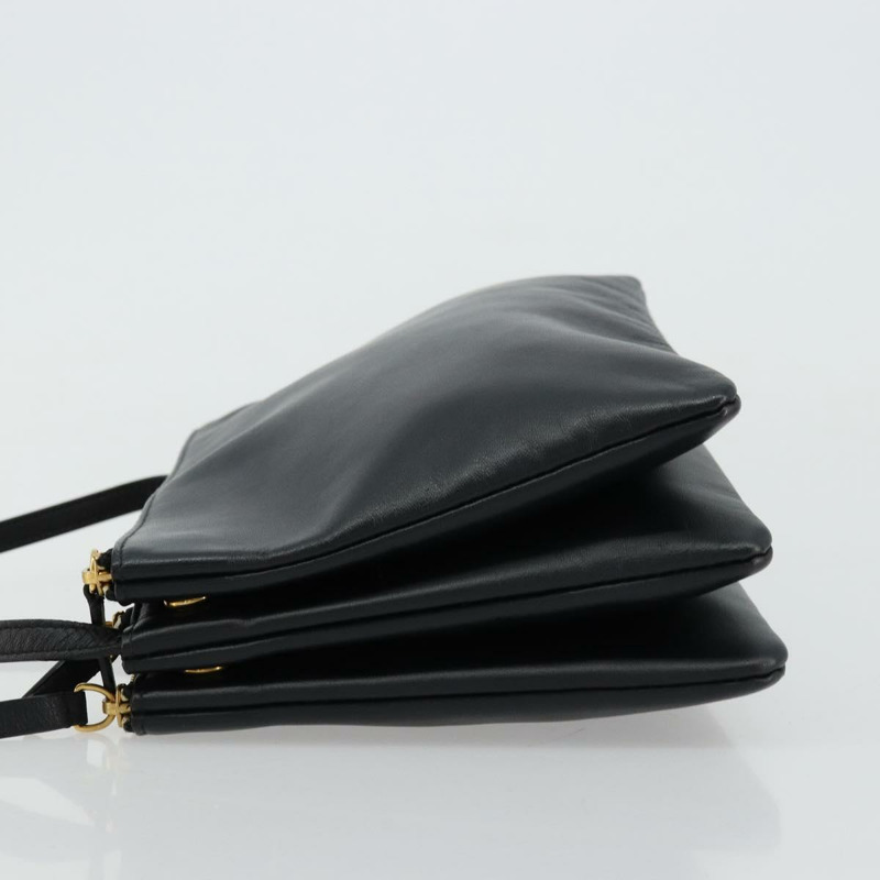 【日本直送】CELINE Trio 肩背包，黑色皮革，金色，正品，貨號 176915A-3