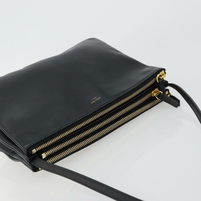 【日本直送】CELINE Trio 肩背包，黑色皮革，金色，正品，貨號 176915A-5