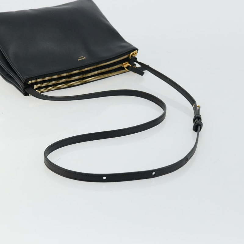 【日本直送】CELINE Trio 肩背包，黑色皮革，金色，正品，貨號 176915A-6