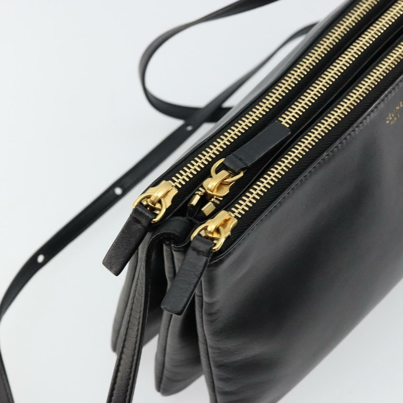 【日本直送】CELINE Trio 肩背包，黑色皮革，金色，正品，貨號 176915A-8