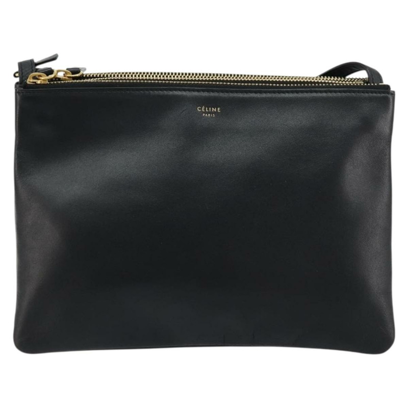 【日本直送】CELINE Trio 肩背包，黑色皮革，金色，正品，貨號 176915A-12