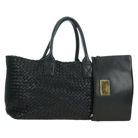 BOTTEGA VENETA INTRECCIATO Cabas MM 手提包，黑色皮革，貨號 115664，正品編號 176974SAV