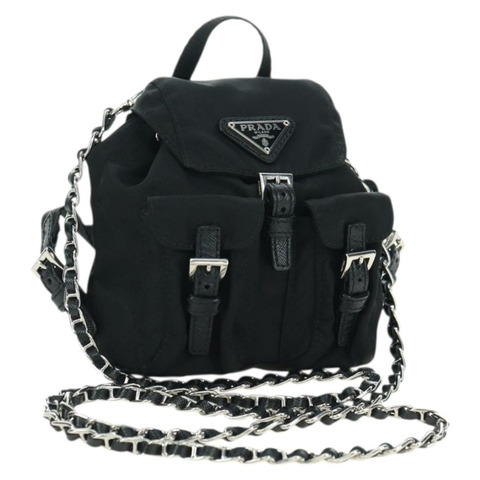 PRADA 尼龍黑色銀色鏈條單肩包 正品 AMZ520M