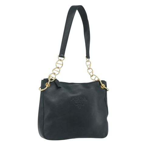 PRADA 鏈條單肩包 皮革 海軍藍 金色 正品 177855A