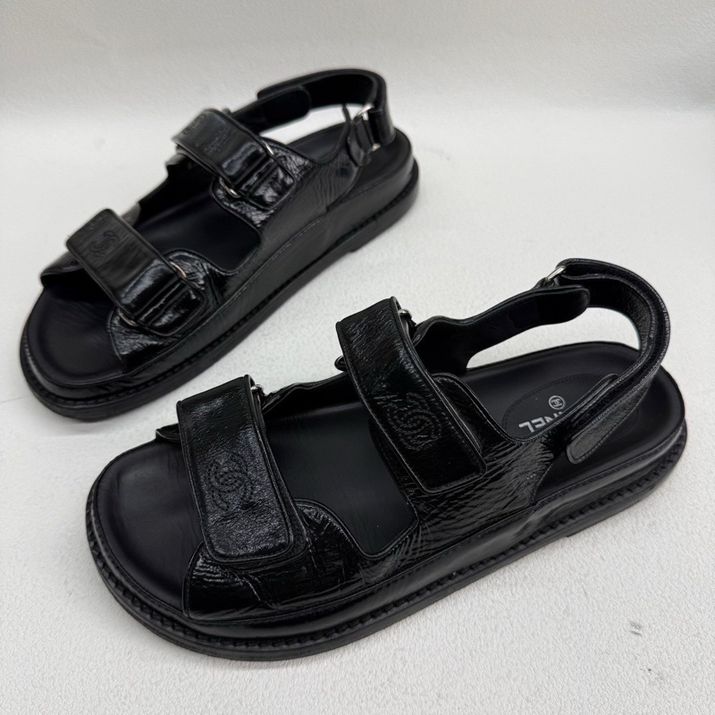Chanel香奈兒 黑色全皮so black 魔術貼涼鞋 38碼-0