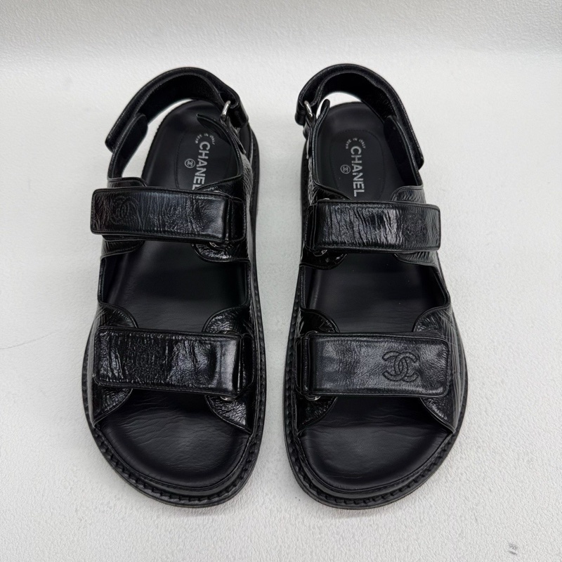 Chanel香奈兒 黑色全皮so black 魔術貼涼鞋 38碼-1