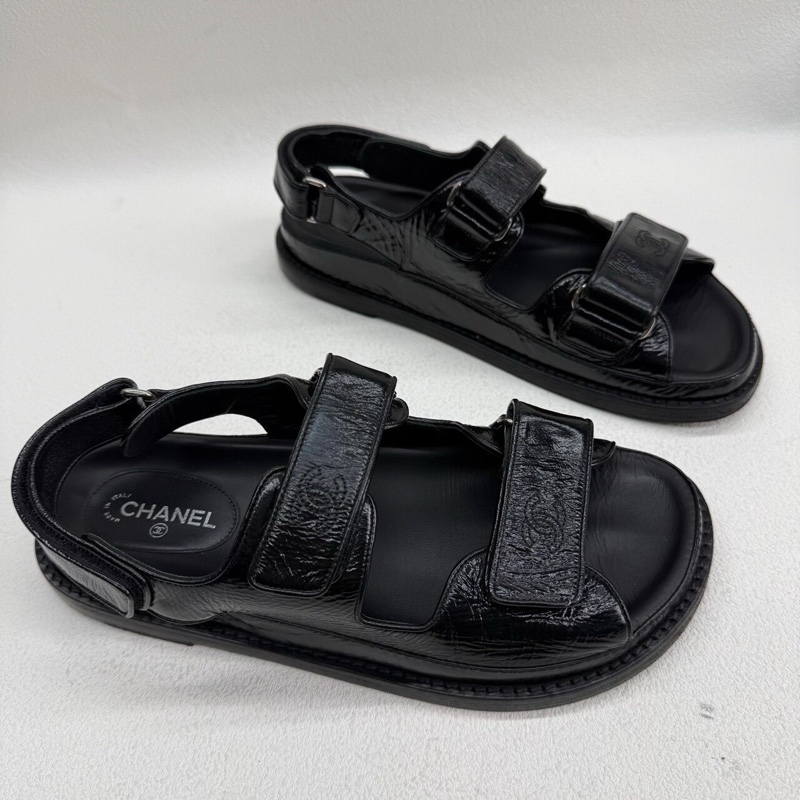 Chanel香奈兒 黑色全皮so black 魔術貼涼鞋 38碼-2