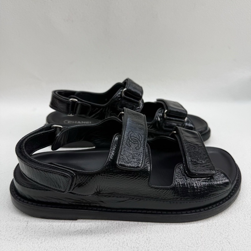 Chanel香奈兒 黑色全皮so black 魔術貼涼鞋 38碼-3
