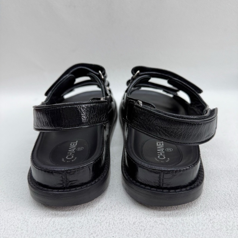Chanel香奈兒 黑色全皮so black 魔術貼涼鞋 38碼-4