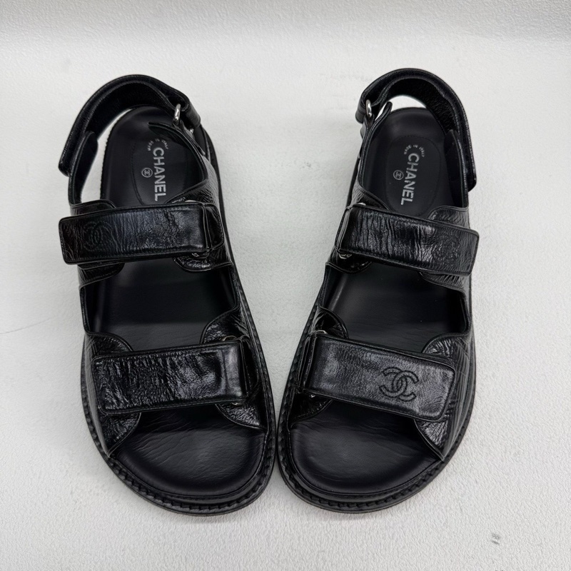 Chanel香奈兒 黑色全皮so black 魔術貼涼鞋 38碼-8
