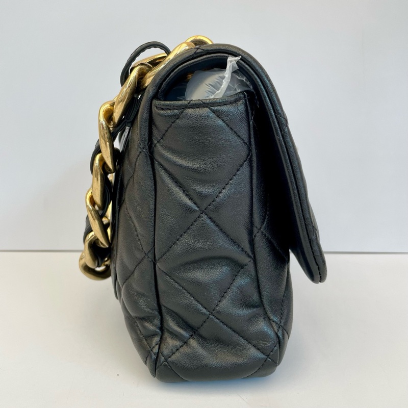 Chanel/香奈兒 22s粗鏈條口蓋包羊皮黑金大號 ，單品-2