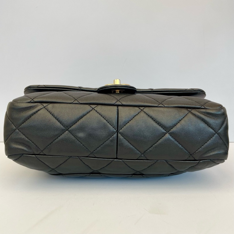 Chanel/香奈兒 22s粗鏈條口蓋包羊皮黑金大號 ，單品-4