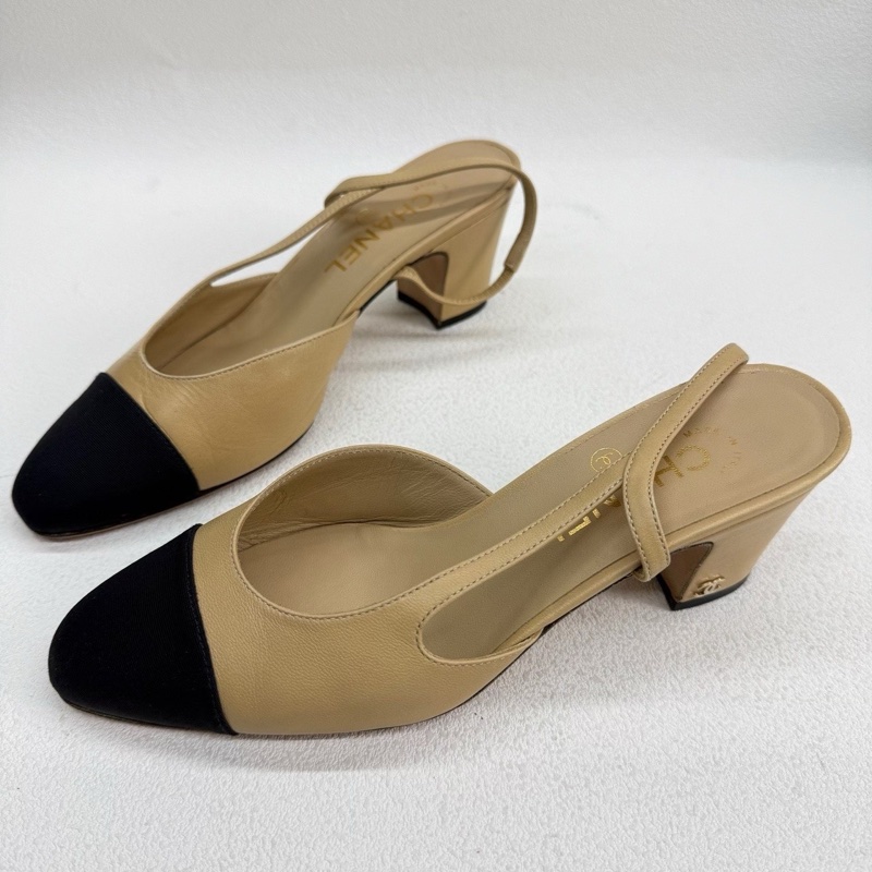 Chanel香奈兒Slingback 米黑 36.5碼-0