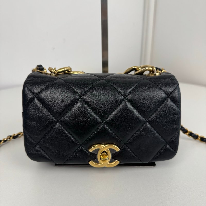 芯片款 香奈兒/Chanel 黑金琺瑯粗鏈口蓋大mini鏈條包-5