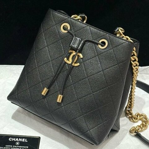香奈兒/Chanel 希臘繫列黑金抽繩水桶包 經典菱格紋設計