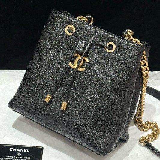 香奈兒/Chanel 希臘繫列黑金抽繩水桶包 經典菱格紋設計-0