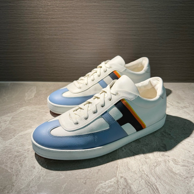 Hermes 愛馬仕男鞋白藍拼色大標logo休閒時尚板鞋 41碼-0