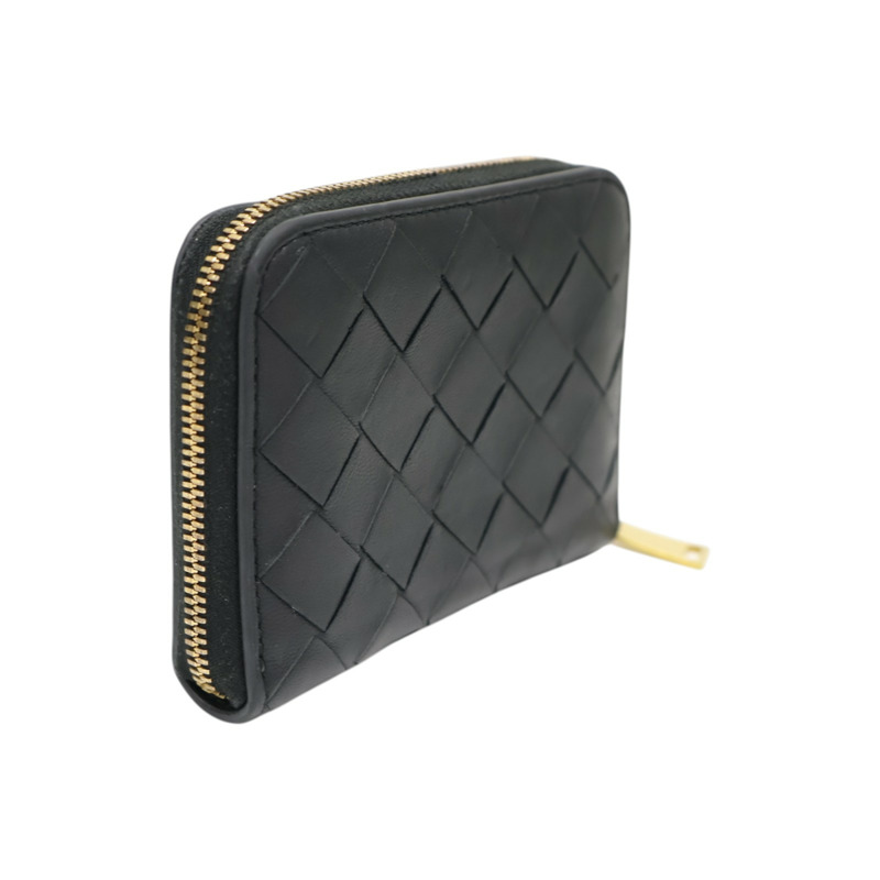 黑色 編織羊皮 Intercciato Zip Around Coin Case 拉鍊短夾 【BOTTEGA VENETA 寶緹嘉】 600874-1