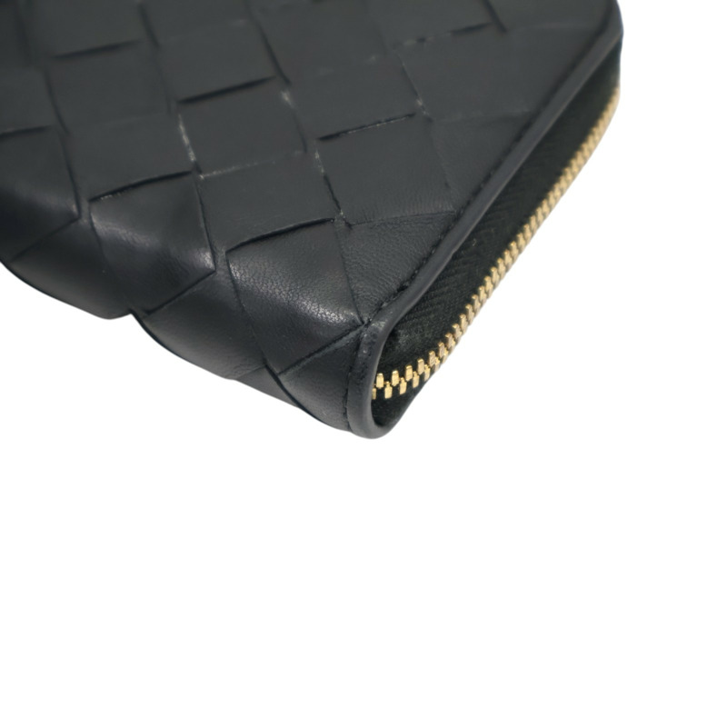 黑色 編織羊皮 Intercciato Zip Around Coin Case 拉鍊短夾 【BOTTEGA VENETA 寶緹嘉】 600874-9
