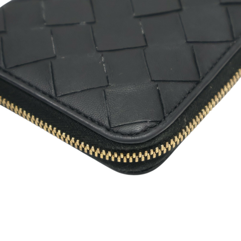 黑色 編織羊皮 Intercciato Zip Around Coin Case 拉鍊短夾 【BOTTEGA VENETA 寶緹嘉】 600874-10