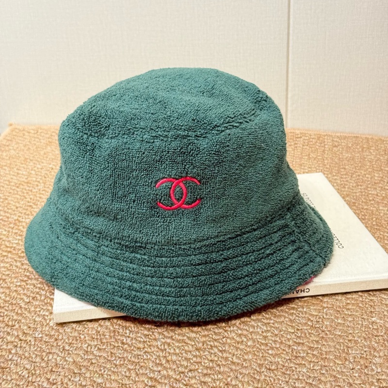 Chanel • 綠色拼粉色毛巾布漁夫帽-1