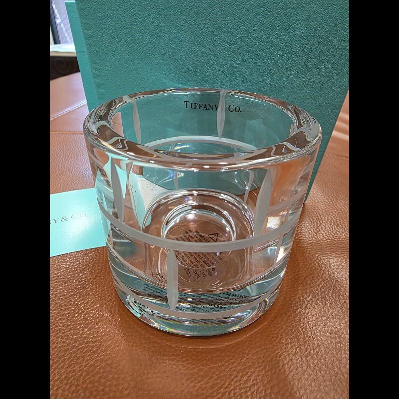 真品 Tiffany & Co. 蒂芬妮 現代竹飾蠟燭水晶皿 Kiriko Crystal Clear 全新品-9