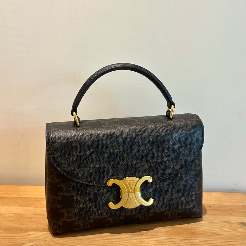 【全新】 CELINE  Teen Nino Logo印花 皮革 斜挎手提包棕色-0