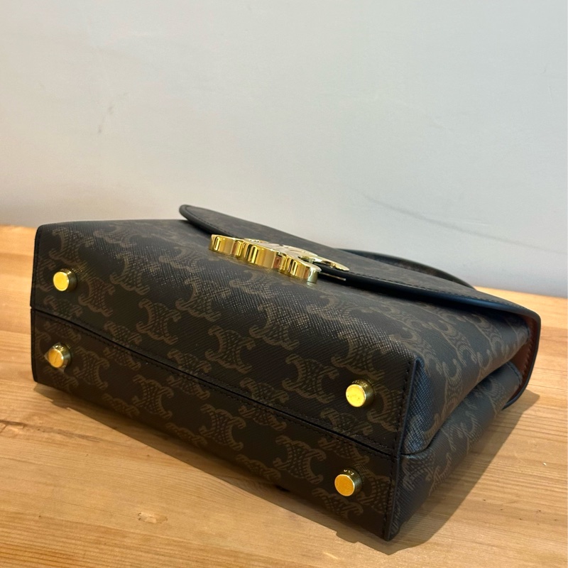 【全新】 CELINE  Teen Nino Logo印花 皮革 斜挎手提包棕色-4