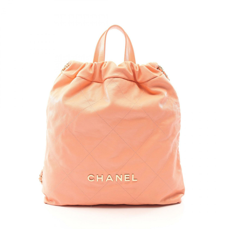 香奈兒 Chanel 22 大號鏈條雙肩包 AS3313 皮革 橘色 金色五金 二手-0
