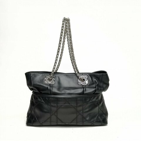 DIOR 黑色羊皮銀扣2011藤格紋鏈條tote肩背包