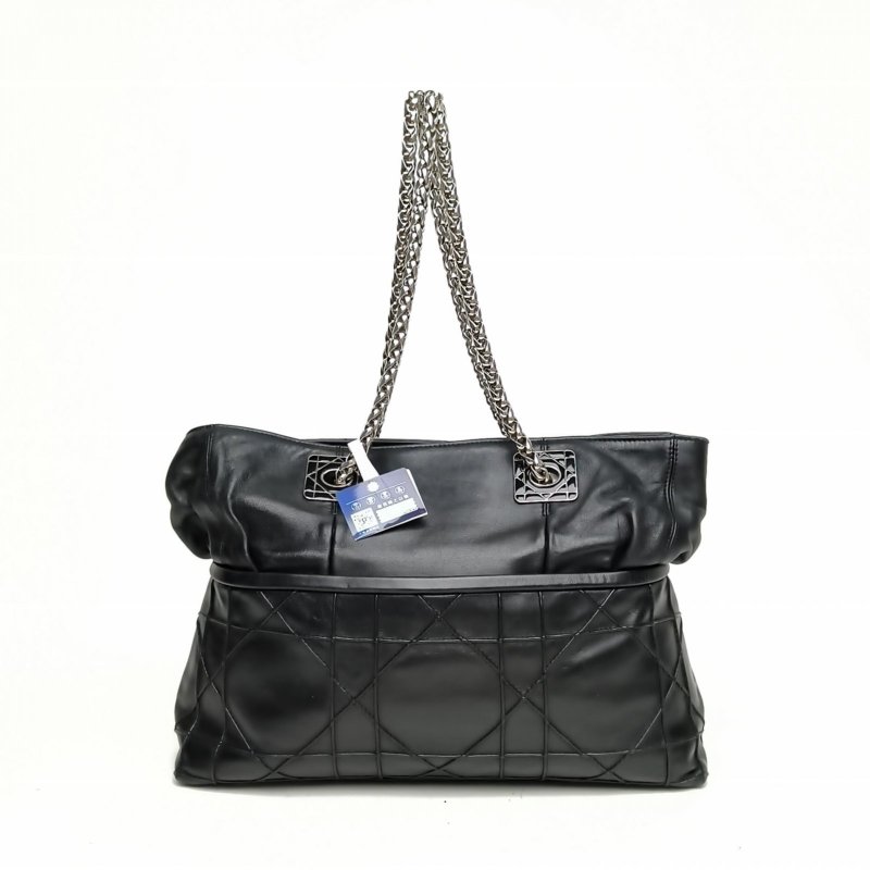 DIOR 黑色羊皮銀扣2011藤格紋鏈條tote肩背包-2