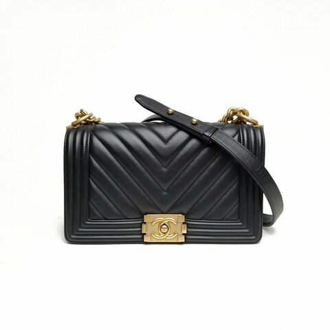 CHANEL Leboy中號25黑色牛皮25開金扣V紋肩背包