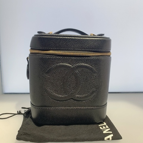 中古香奈兒 CHANEL  魚子醬荔枝皮 黑色金鏈 化妝箱  Vintage Vanity bag  可化妝包 手提包  大小：15cm*12.5*16