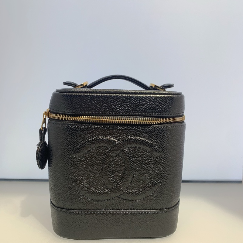 中古香奈兒 CHANEL  魚子醬荔枝皮 黑色金鏈 化妝箱  Vintage Vanity bag  可化妝包 手提包  大小：15cm*12.5*16-1