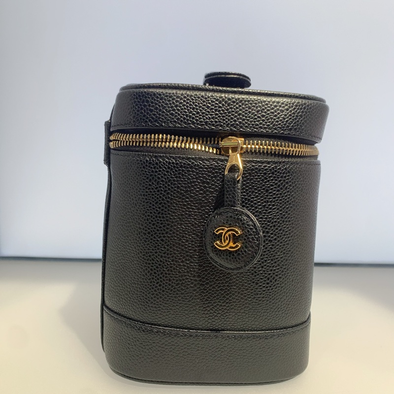 中古香奈兒 CHANEL  魚子醬荔枝皮 黑色金鏈 化妝箱  Vintage Vanity bag  可化妝包 手提包  大小：15cm*12.5*16-3