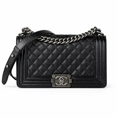 KESH 凱仕國際精品【經典叛逆、收藏級人氣】CHANEL BOY CHANEL 25 香奈兒 魚子醬牛皮菱格紋鏈帶包 黑色復古銀扣