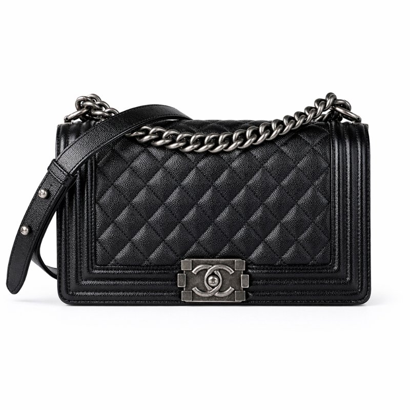KESH 凱仕國際精品【經典叛逆、收藏級人氣】CHANEL BOY CHANEL 25 香奈兒 魚子醬牛皮菱格紋鏈帶包 黑色復古銀扣-0