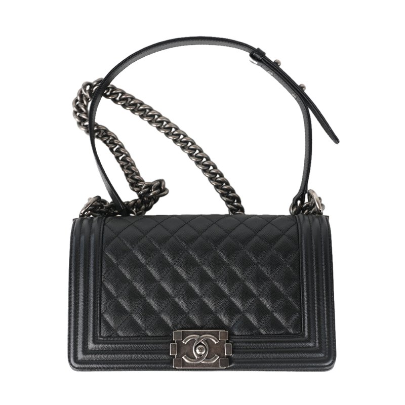 KESH 凱仕國際精品【經典叛逆、收藏級人氣】CHANEL BOY CHANEL 25 香奈兒 魚子醬牛皮菱格紋鏈帶包 黑色復古銀扣-1