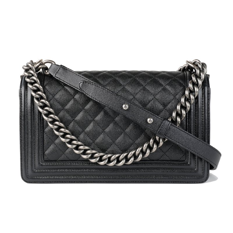 KESH 凱仕國際精品【經典叛逆、收藏級人氣】CHANEL BOY CHANEL 25 香奈兒 魚子醬牛皮菱格紋鏈帶包 黑色復古銀扣-2