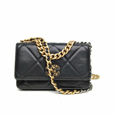 CHANEL 19BAG吸扣WOC19黑色羊皮29開金銀扣肩背包