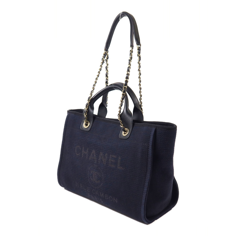 CHANEL 帆布Deauville MM鏈帶手挽肩背兩用袋-2